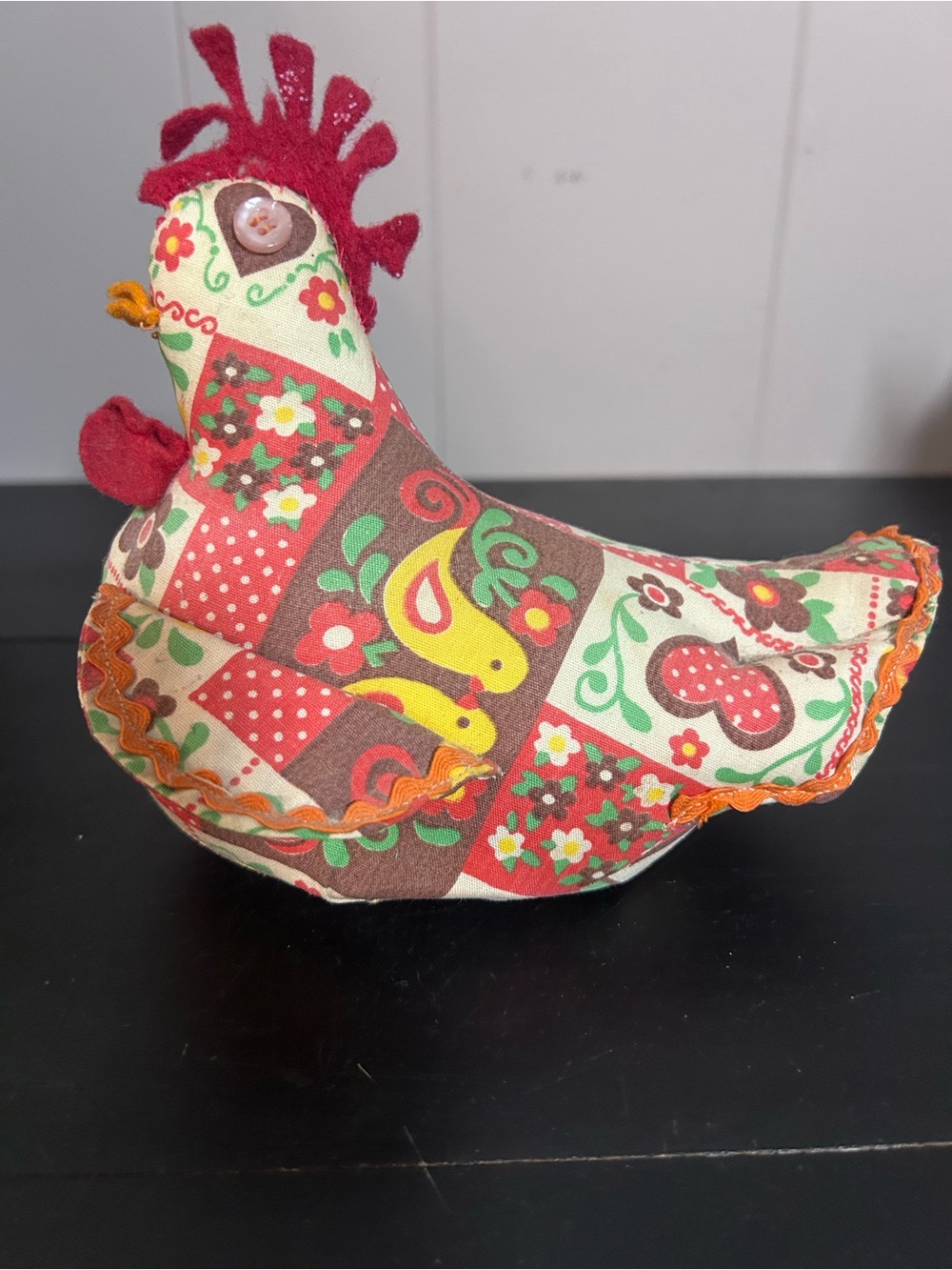 Folk Art Patchwork Chicken Pillow - Red, Brown, Yellow